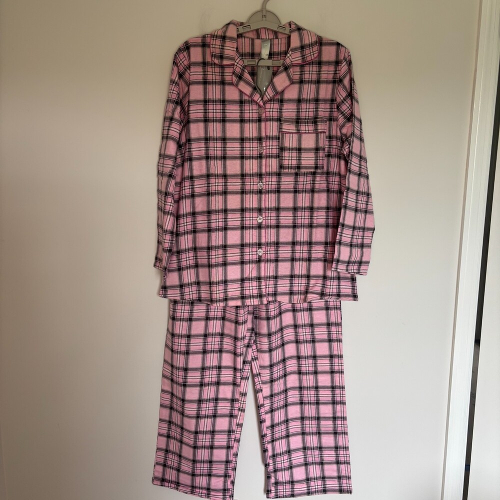 CHARMOUR NEW PInk Plaid Flannel Pajama Set Button Up Top and Pant Women M